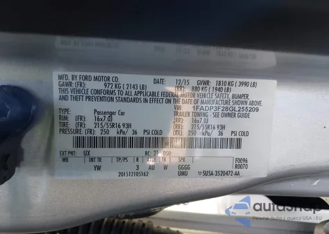 2016 Ford Focus Se from USA, damaged, VIN 1FADP3F28GL255209